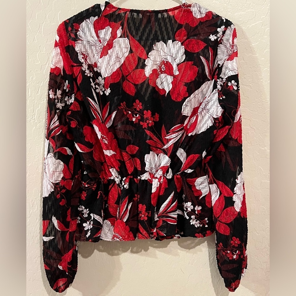 GUESS Marciano Black Red Floral Wrap Ruffle Blouse- Size Small - Picture 3 of 3